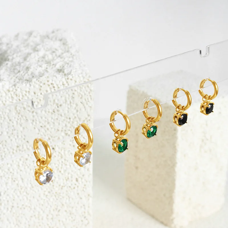 

French Minimalist Glass Stone Earrings Black Green Circular Zircon Gold Plated Zircon Drop Earring