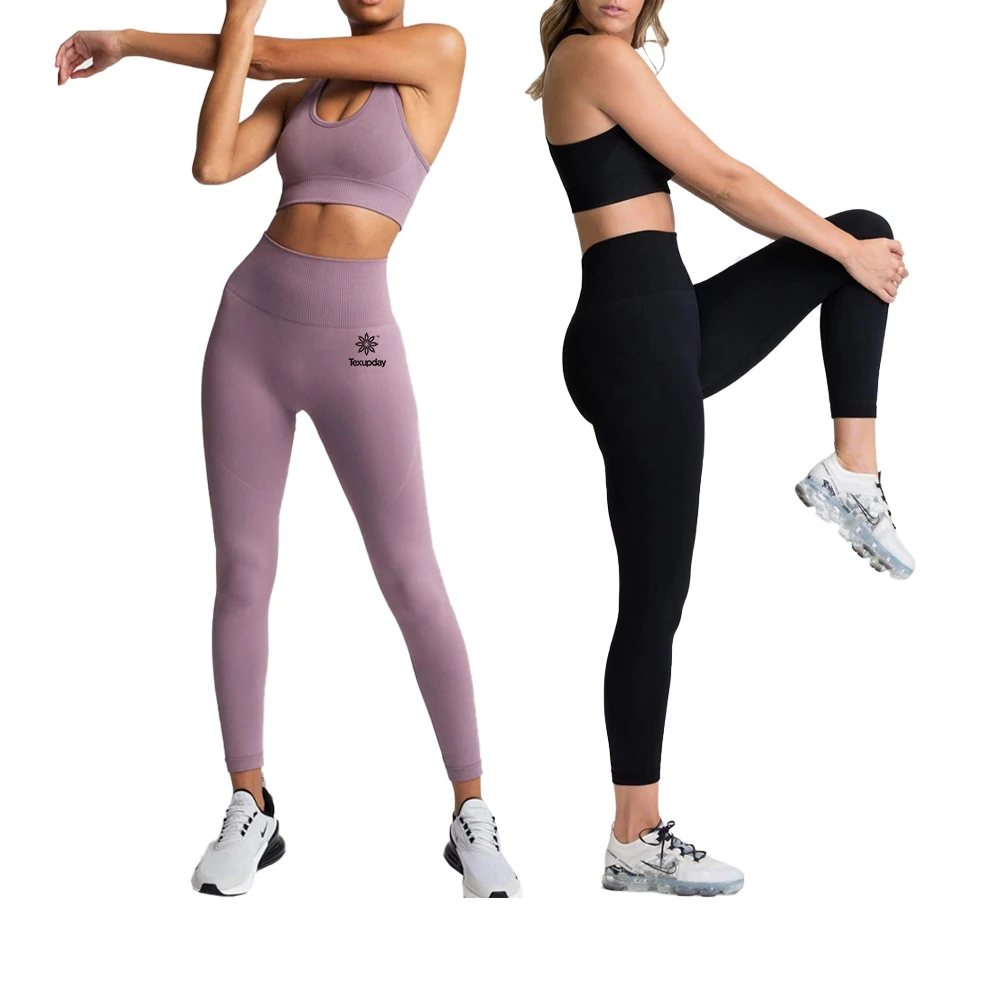 

Hot Sale Knit Fitness & Yoga Wear Gym Women's Sportswear Seamless Sport Bra+ High Waist Workout Leggings Seamless Yoga Set, Customized colors