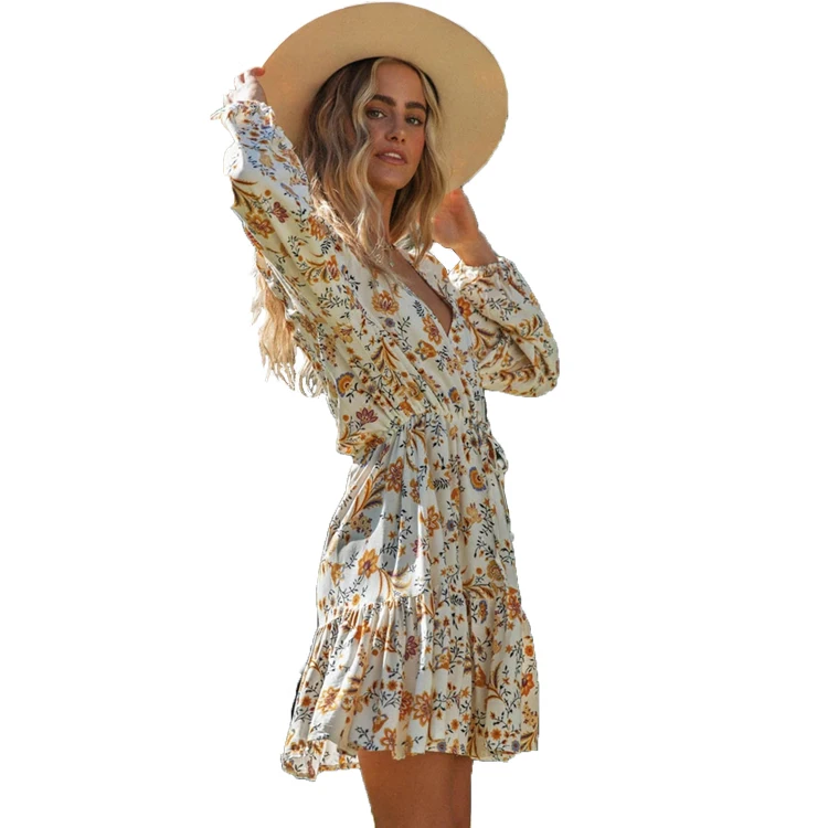 

Spring and summer long sleeved V neck sexy floral fashion loose mini ladies shirt dress