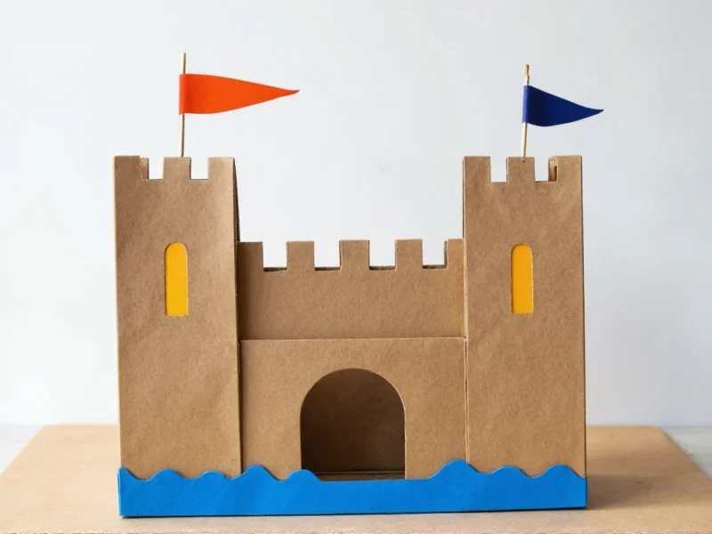 Finished cardboard castle craft with flags and moat decoration