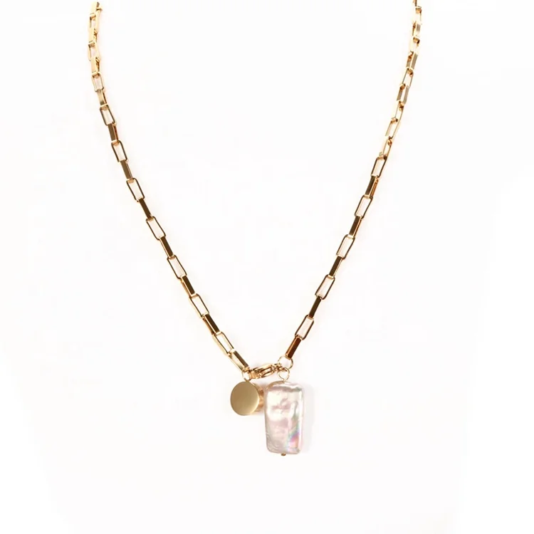 

Rectangle Linked Chain 18K Gold Plated Tiny Disc Baroque Pearl Necklaces for Women Stainless Steel Minimalist Jewelry, Gold color