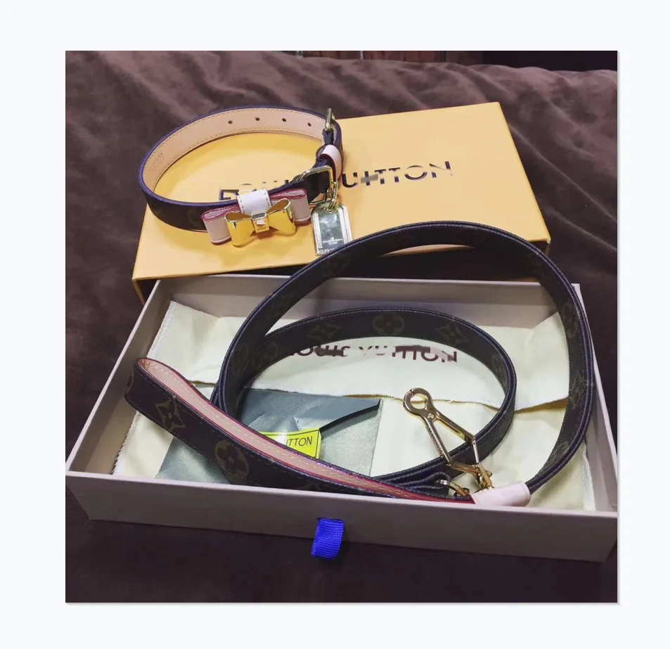 

Designer high end custom good quality luxury brand printed leather pet dog leash and collar set