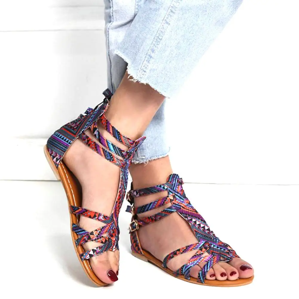 

Bohemian Style Sandals Large Size Contrast Zipper Sandals Women's Open Toe National Wind Embroider Sandals