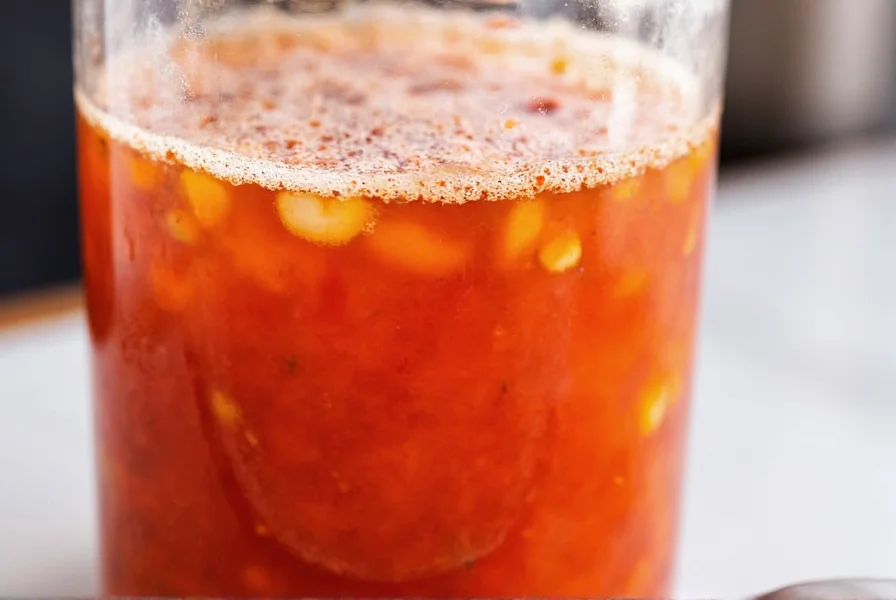 Glass jar with fermenting red chili and garlic mixture showing bubbling activity during homemade sriracha preparation