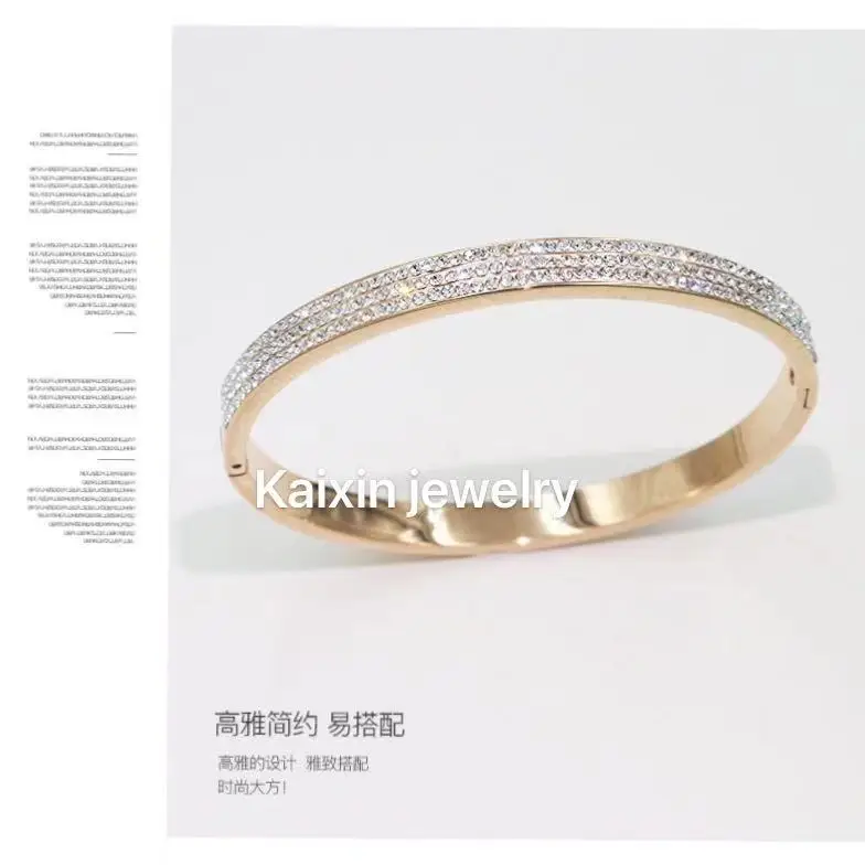 

Korean style stainless steel three row Diamond 18K gold stainless steel bracelet for men women