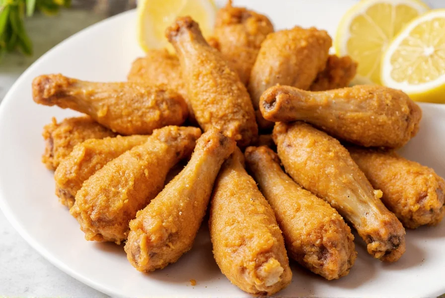 Crispy golden chicken wings coated in lemon pepper seasoning on white plate with lemon slices