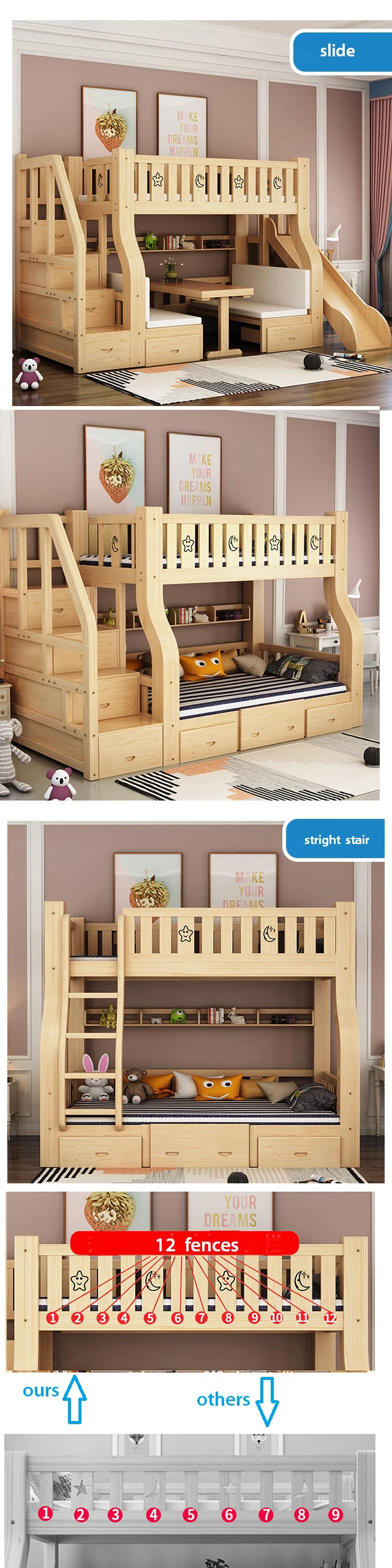 Kids Wooden Furniture Sets Wooden Bunk Bed Adjustable Bedroom Bunk Bed