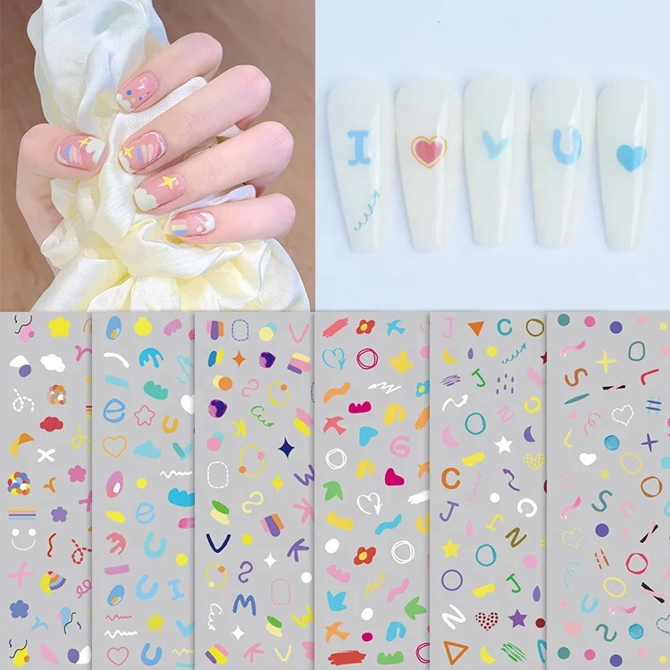 

Paso Sico Fashion Paiting Design English Words Letter Rainbow Color DIY 3D Nail Art Sticker for Finger Design