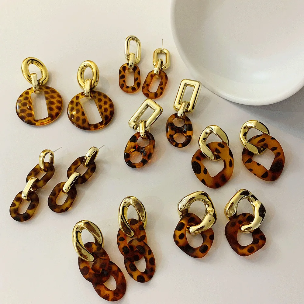 

JUHU 2022 Newest Resin earrings women's silver needle personality simple leopard print amber acrylic chain frosted stud earrings, Colorful