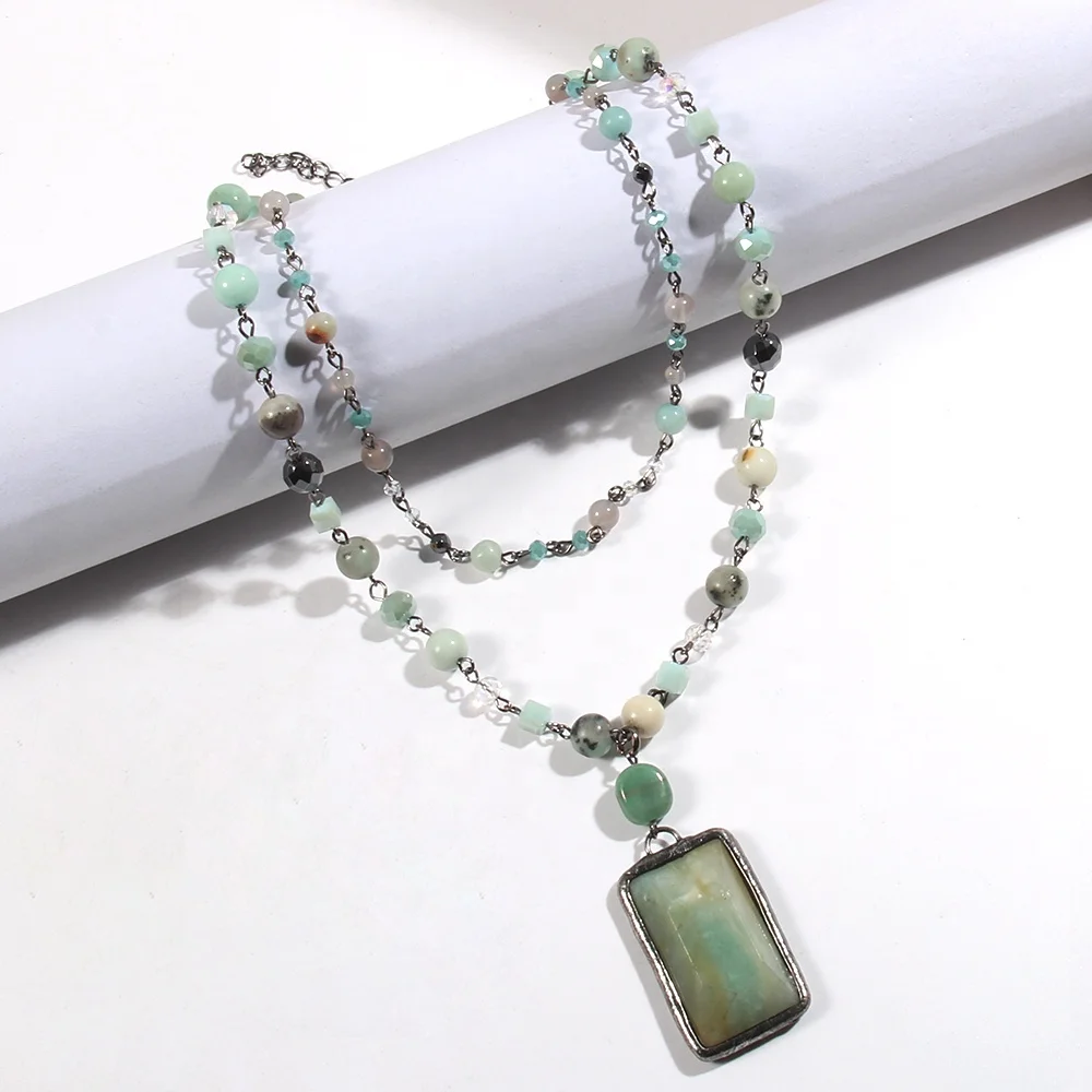 

New Vintage Jewelry Gift 2 Layer Natural Stone Crystal Glass Rosary Chain Necklace Stone Rectangle Pendant Necklace