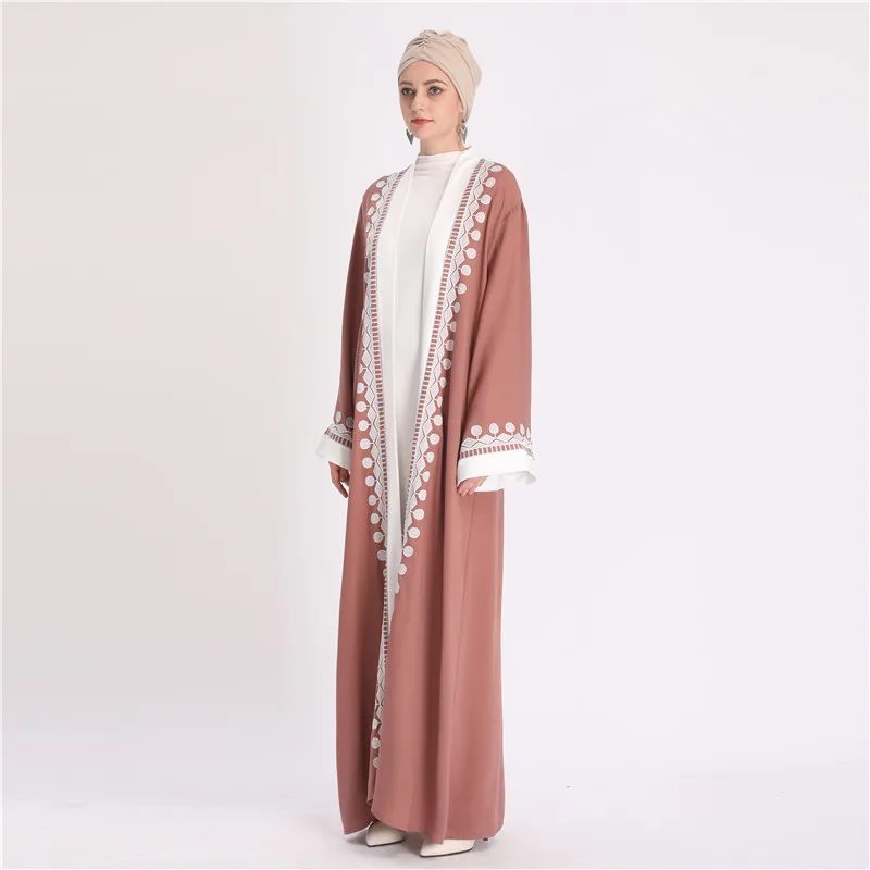 

2020 high quality pretty long open abaya with embroidery Dubai Muslim Arab Turkish Islamic EID Fashion Prayer Dresses Abaya, Pink ,black