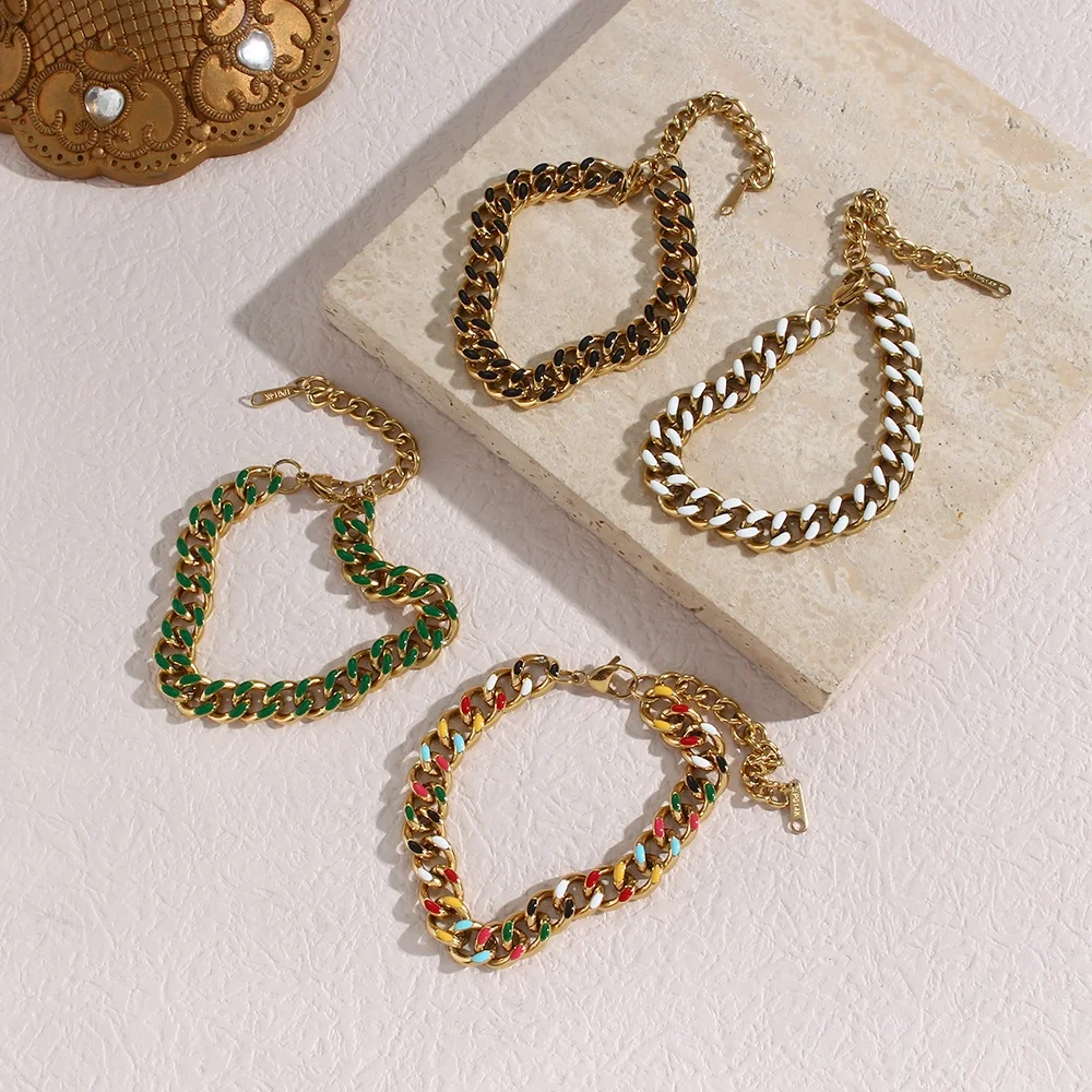 

Enamel Cuban Chain Bracelet Cuban Link Bracelet Women Cuban Link Bracelet Gold Plated