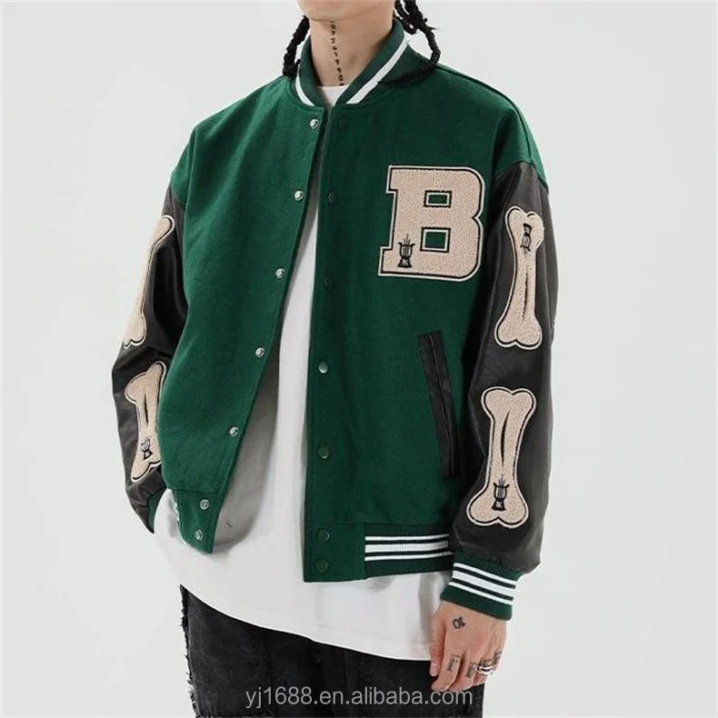 

OEM custom men wool body leather sleeves embroidery logo varsity jacket with press stud closure 2 side pockets, Customized color