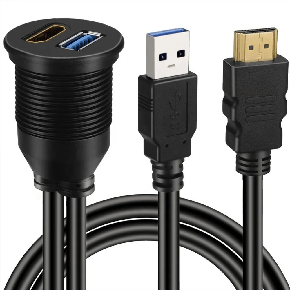 

IP67 waterproof dual panel mount usb 3.0 hdmi female cable 3ft 1m, Black