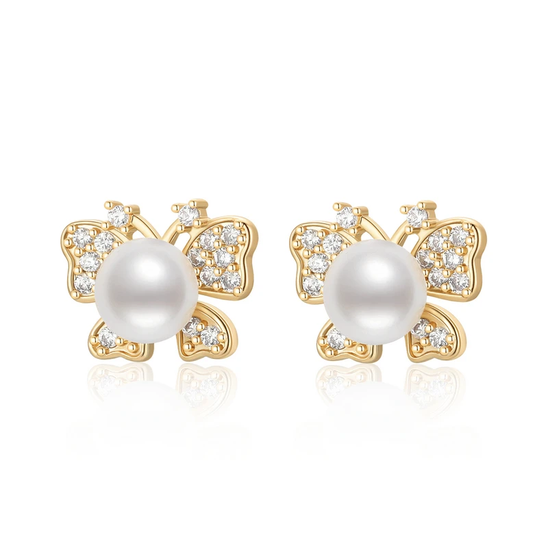 

Cute Butterfly Stud Earrings for Girls 14K Gold Filled 6-6.5mm Natural Freshwater Pearl Earrings Women Anniversary Jewelry