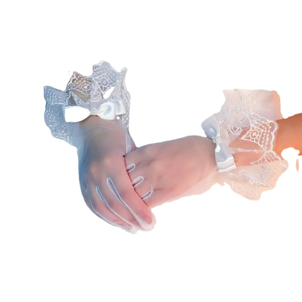 

New Fashion Bridal Yarn Gloves There Refers to Mesh Lace Bow S045 Wedding Etiquette Performances Gloves
