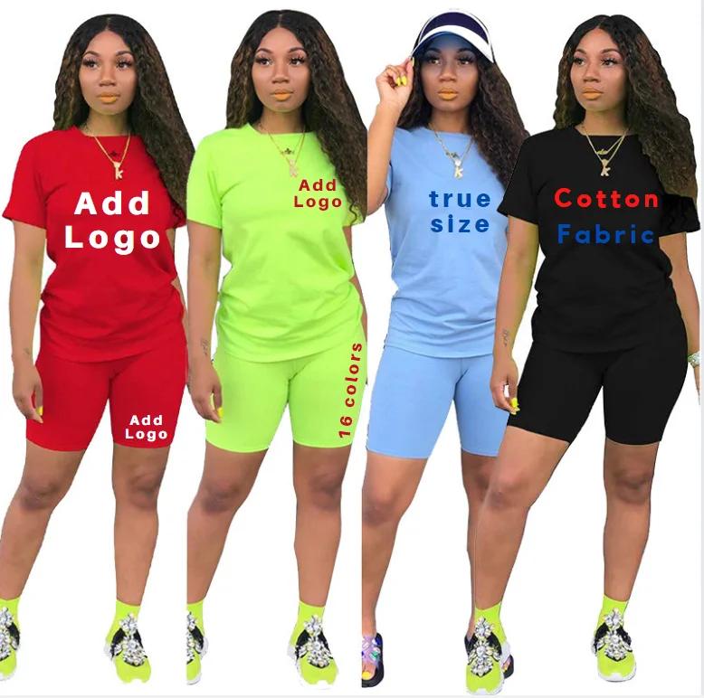 

Custom Logo Biker Shorts Two Piece Clothing Jogger Set Women Casual Short Sleeves Solid Color T Shirt And Shorts Set, Picture shows