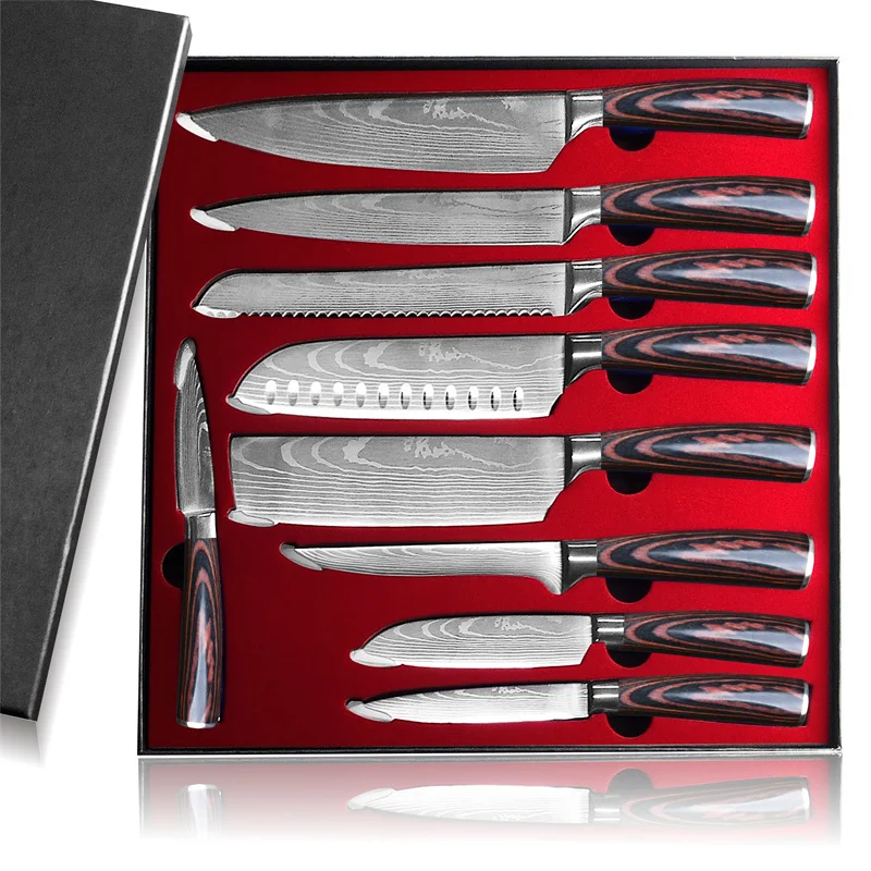 

9pcs damascus laser pattern carbon steel yangjiang cookware simple cleaver chopper filet chef kitchen knife set with gift box, Silver
