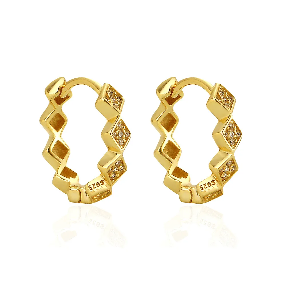 NEW Fashion Jewelry 925 Sterling Silver Geometry Rhombus Diamond Cubic Zircon Gold Plated Hoop Earring Jewelry for Women