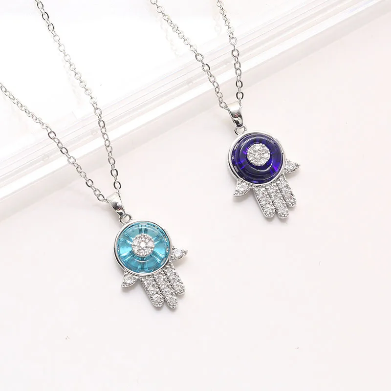 

Fashion Boho Silver Plated Crystal Evil Eyes Hand Necklaces Vintage Blue Micro CZ Paved Evil Eyes Pendant Necklaces