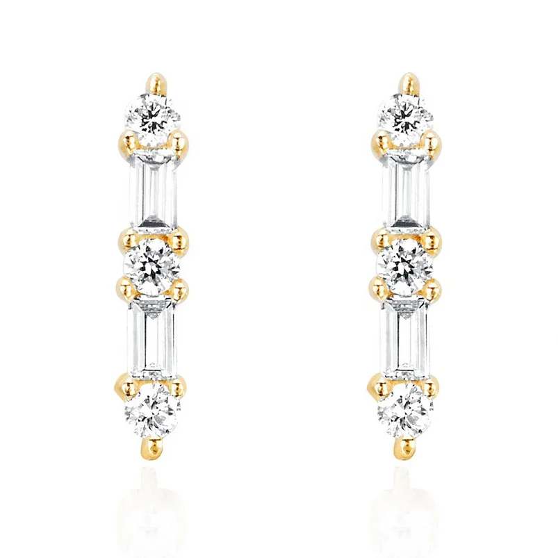 

Gemnel minimalist 925 sterling silver 18k gold prong set diamond baguette bar stud earring