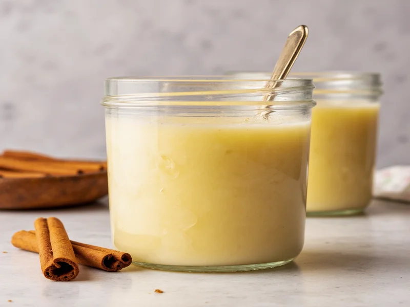 Homemade vanilla pudding in glass jar with cinnamon