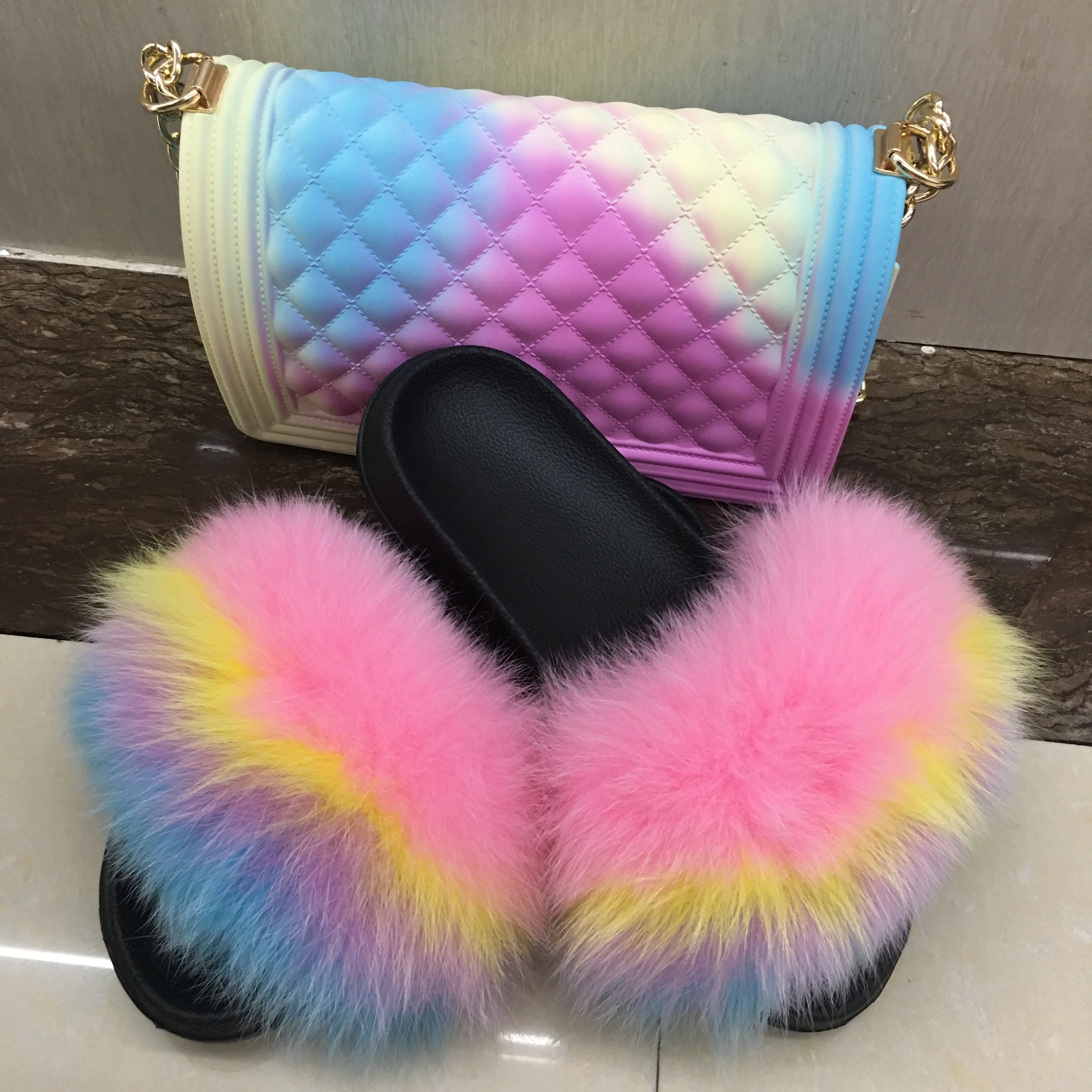 

Jelly Bag And Purse Fur Slides Handbag Sets, Customized color