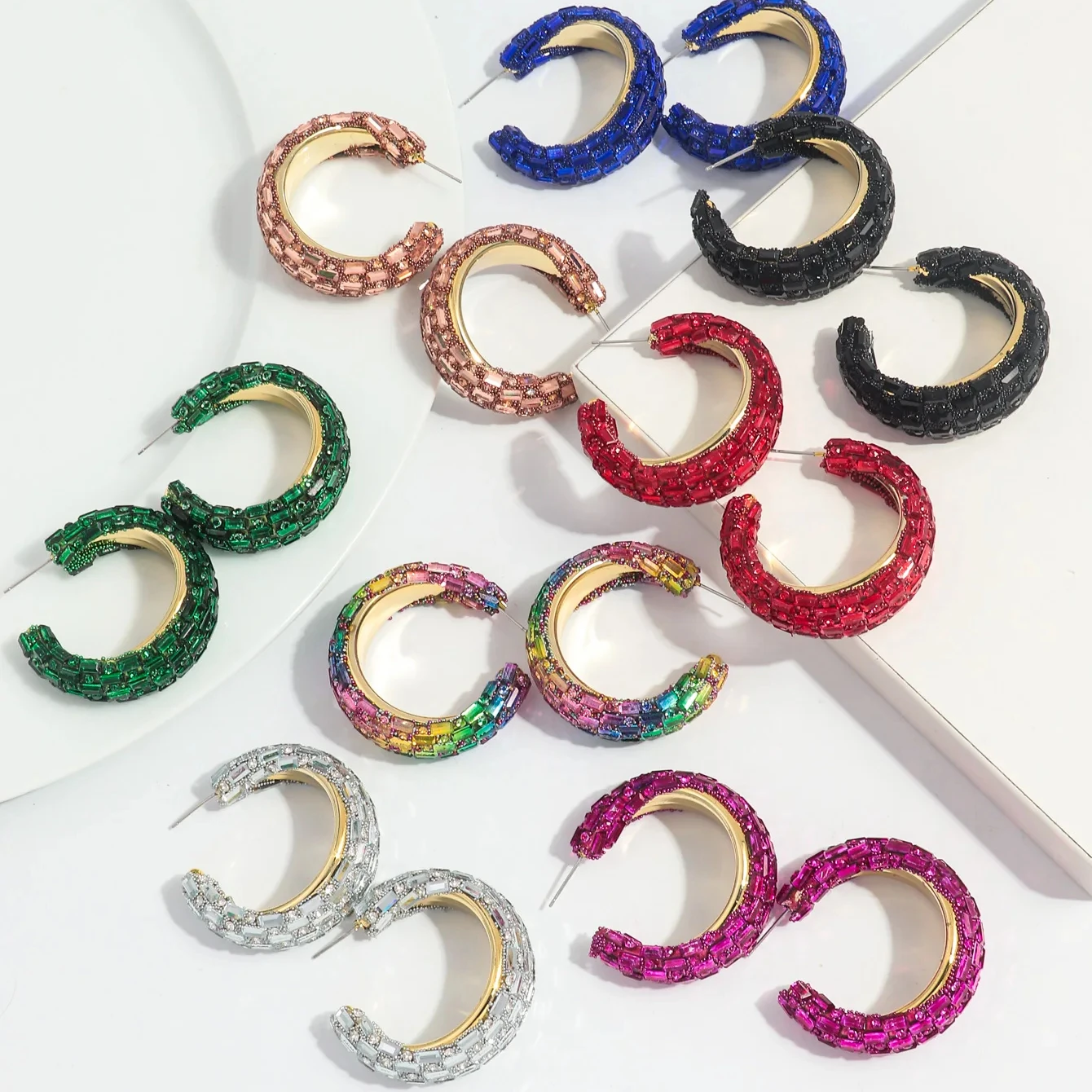 Fine Fashion Luxury Jewelry Full Diamond C-shaped Earrings Colorful Crystal Elegant Party Jewelry Rhinestone Hoop Earrings Women