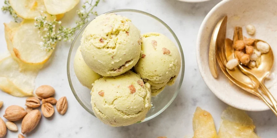 Pistachio rose cardamom ice cream in cone