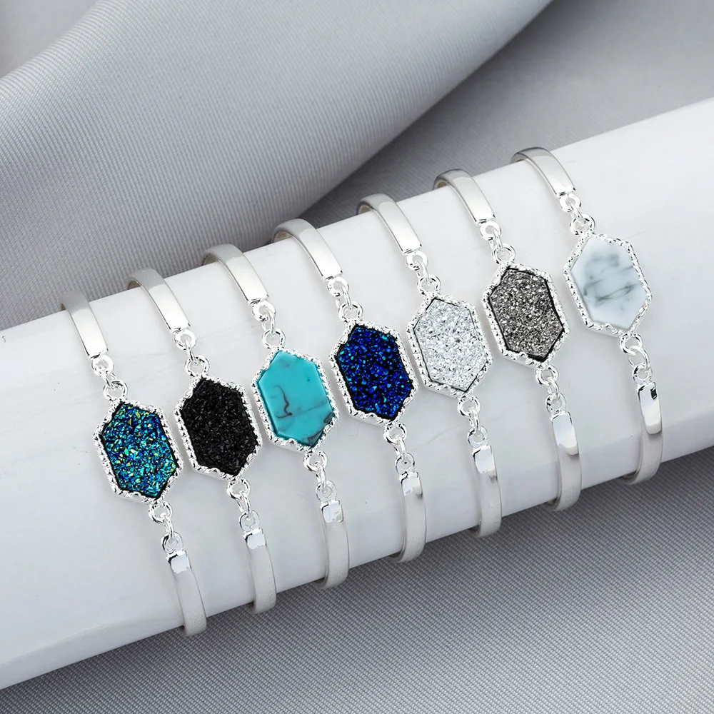 

Ladies Silver Bracelet 7 color Hexagonal Drusy Quartz Classic Concise Jewelry