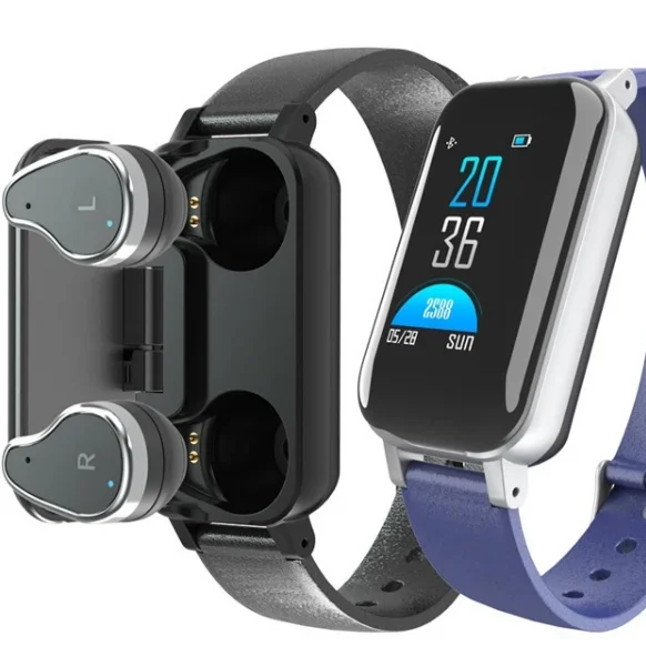 

Factory price Heart Rate Fitness Tracker Blood Pressure Monitor SmartWatch With Dual Earphone 2 IN 1 T89 Smart Watch Earphone