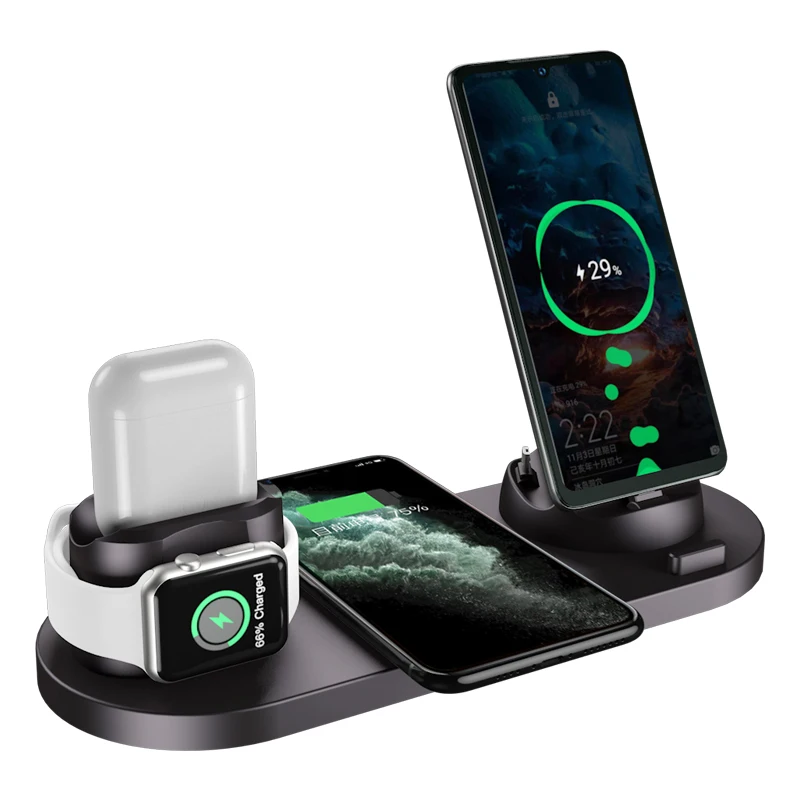 

10W 6 in 1 multi-function wireless charger mobile fast charger station stand pad with 3 charging dock wireless phone chargers, Black/white/pink
