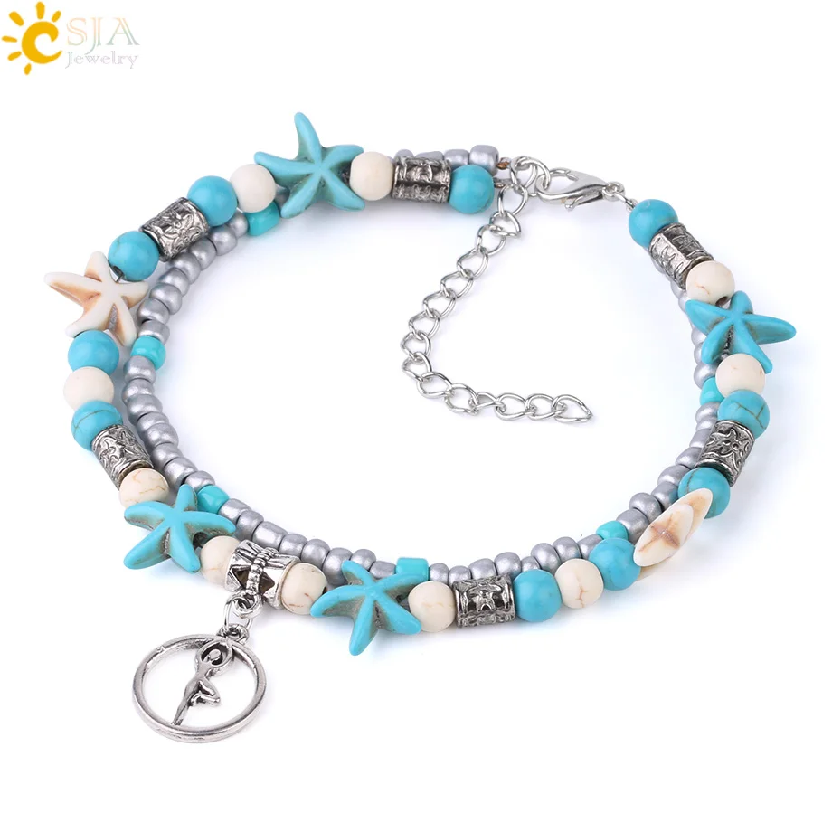 

CSJA wholesale starfish ankle bracelet beach double layers adjustable anklets for women barefoot sandals foot jewelry F676