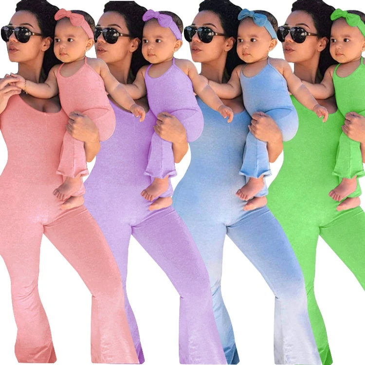 

2021 Candy Color Mommy And Me One Piece Jumpsuits Vest Loose Summer Mother and Me Outfits Stretch Fabric Mommy And Me Sets, Blue, pink, purple, green