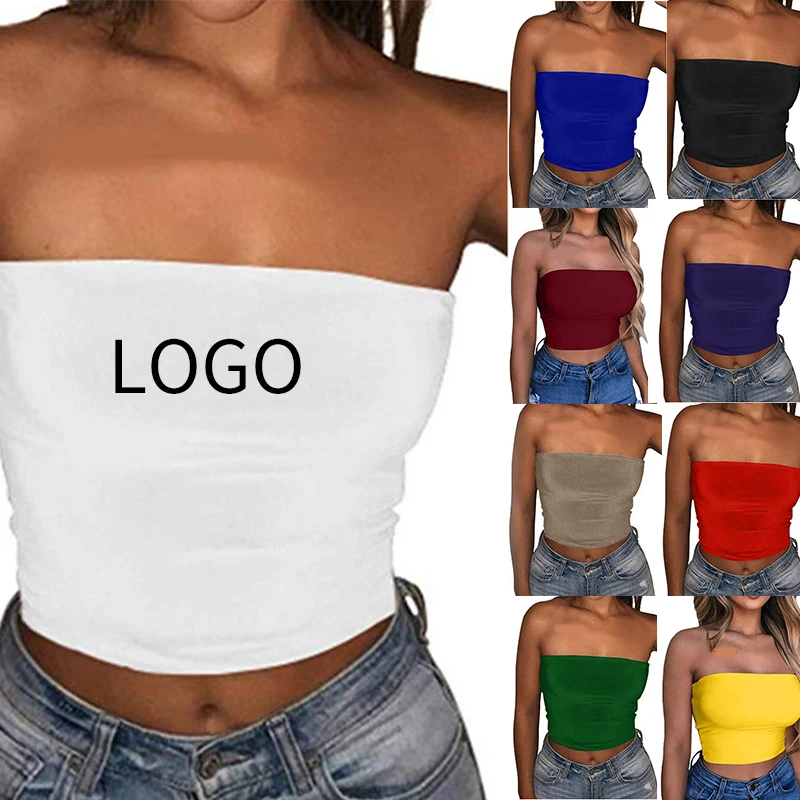 

2021 Custom Logo Printed Cute Ribbed Workout Shirts Sexy Solid Color White Black Knit Tube Women Crop Top womens camisole