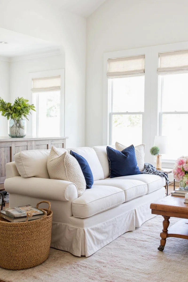 Happy family relaxing on Pottery Barn Slipcover Sofa