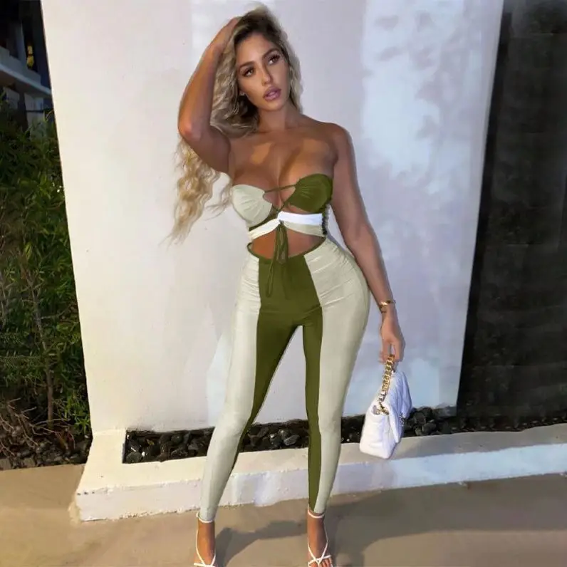 New Summer 2021 Color Contrast Sleeveless Backless Tie Jumpsuit Sexy Hot Tights Hip-Lifting Outdoor Sports Jumpsuit