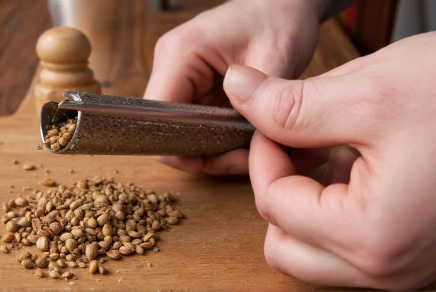 Close-up of hand using traditional brass nutmeg grater over white ceramic bowl showing fine nutmeg dust accumulation