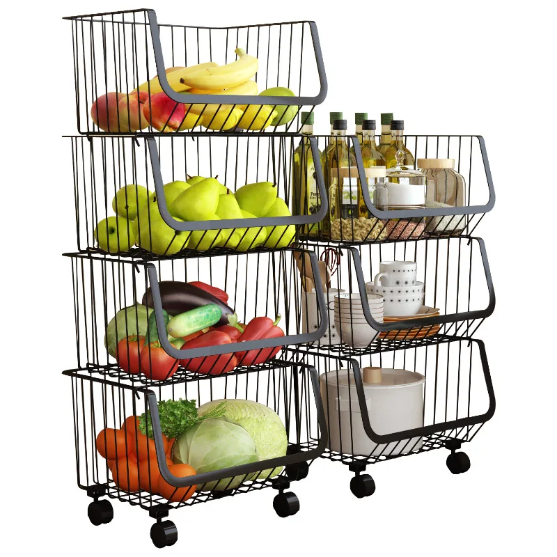 

4 Layers Metal Racks & Holders Vegetable Fruit Racks With Wheels Basket Home Floor Multi-layer Kitchen Storage & Organization, Black