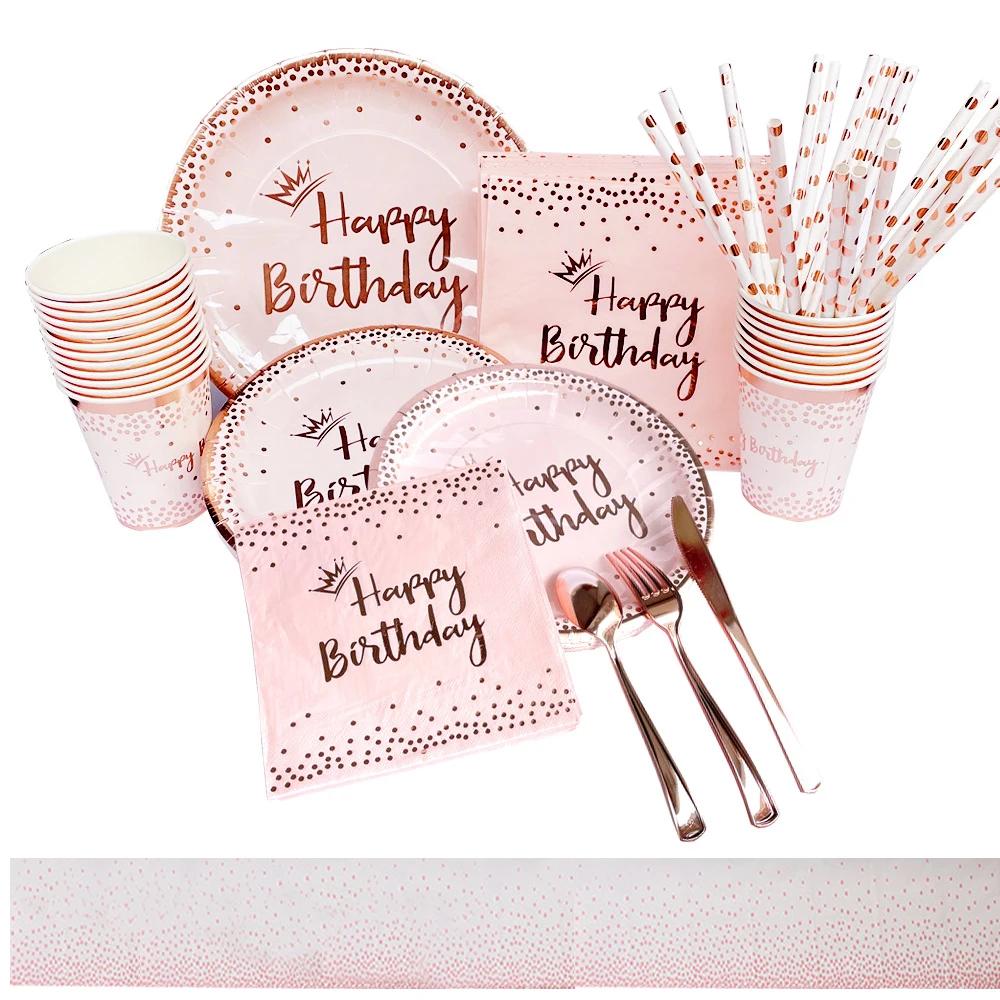 

Rose Gold Pink Theme 16 Guests Birthday Party Supplies paper plate cup straw tablecloth napkin knife fork spoon tableware set