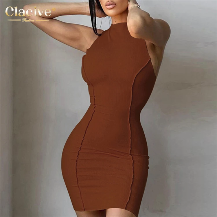 

Clacive Hot Product Elegant Slim Brown Casual Dresses Summer O Neck Bodycon Dress Women 2021, Purple,brown,black,apricot,orange