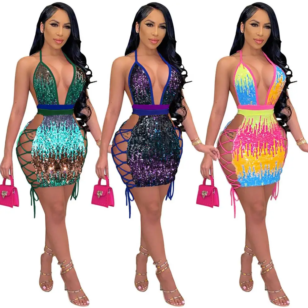 

FREE SAMPLE JHTH Sexy women sequin sleeveless strap patchwork halter backless mini dress