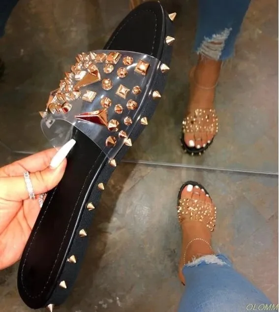 

SD-47 fashion punk style rivet decorated cross strap open toe slipper for women jelly crystal PVC beach sandals ladies, Picture show