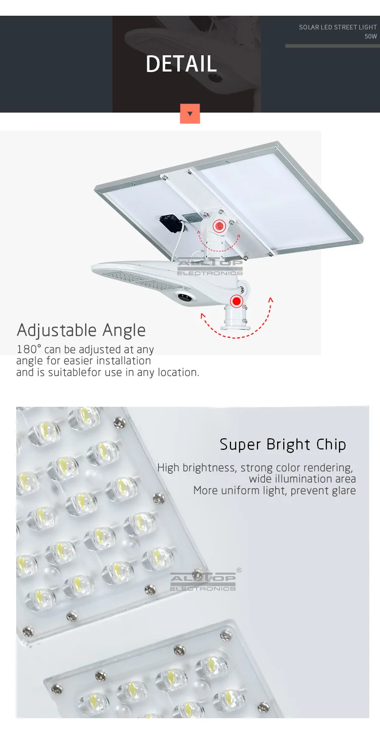 ALLTOP High quality outdoor IP65 waterproof light control sensor 50w solar led street lamp