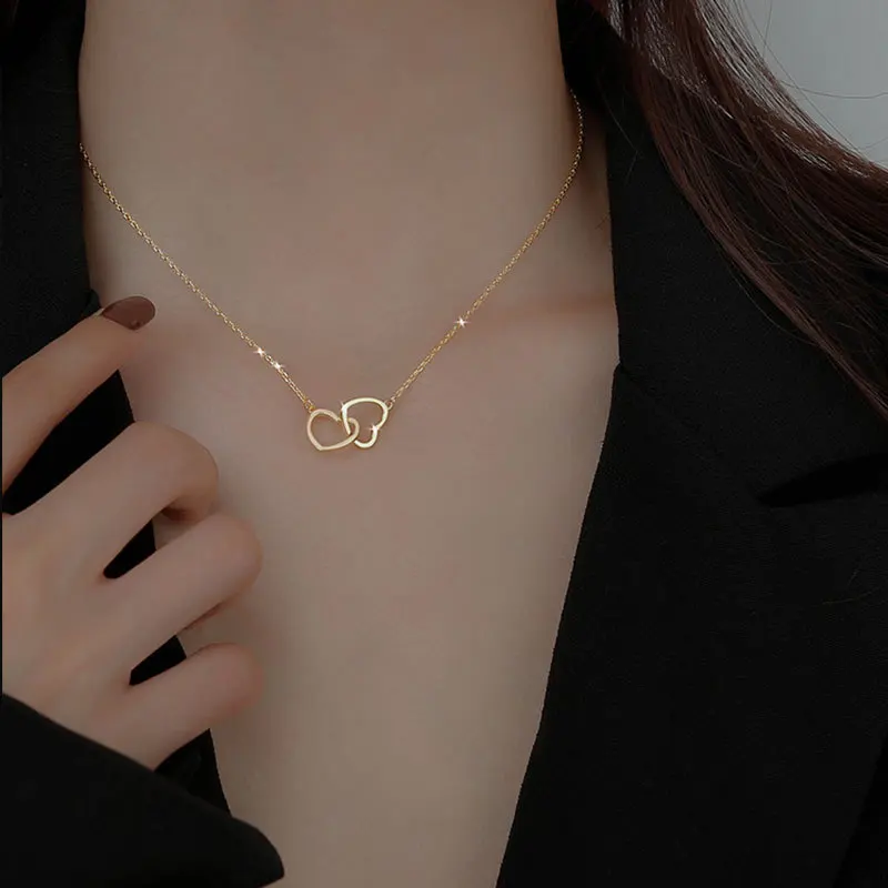 Delicate Luxury 14k Gold Plated Thin Link Chain Choker Necklace Never Fade Double Heart Stainless Steel Necklace For Mother Gift