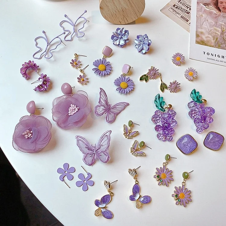 

2020 New Geometric Flowers Grape Crystal Embroidered Butterfly Earrings Jewelry Sweet Korean Purple Earrings