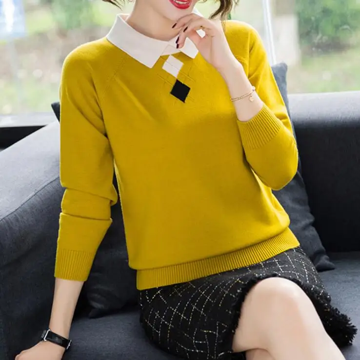 CL0848A women lapel sweater winter bottom knitted sweaters long sleeve sweaters