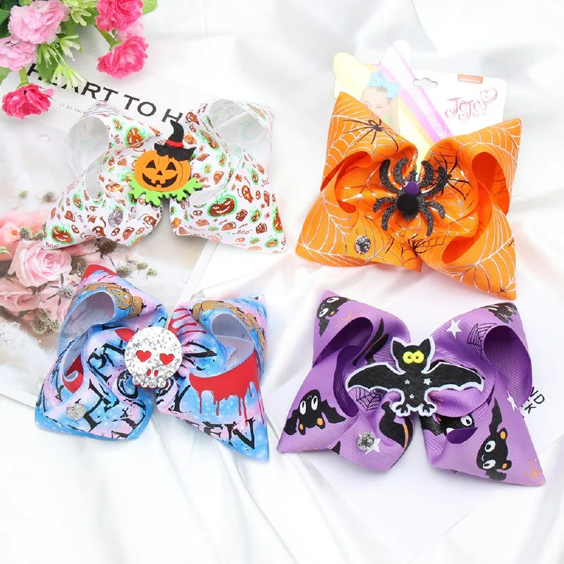 

7 Inch Fashion JOJO Halloween Grosgrain Ribbon Kids Bows Hair Accessories Print Hair Bows with Clips for Girls