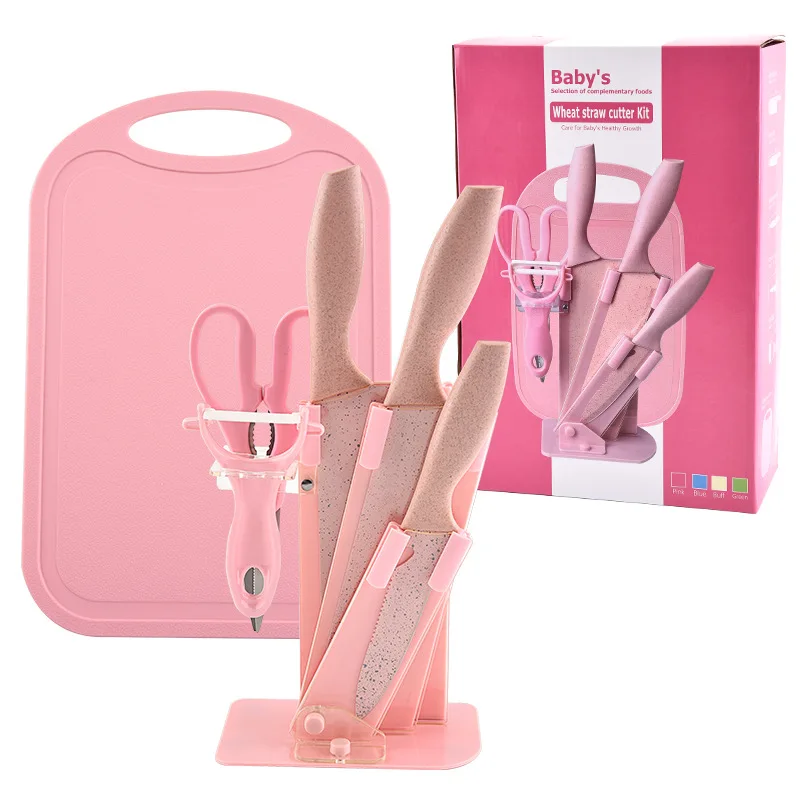 

pink blue color kitchen hunting stainless steel blade chopping board knife sets, Blue/pink