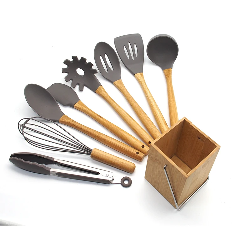 

Hot Gray 9pcs Silicone Head Safe Healthy High Temperature Resistance Bamboo Wood Silicone Utensil Kitchen Set with Holder, Natural